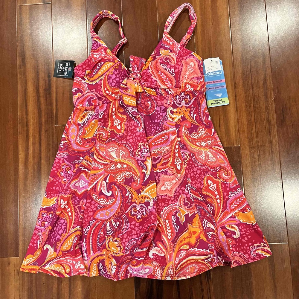 New NWT Swim Solutions Fuschia Pink Swim Dress One Piece‎ Paisley Print Sz 8